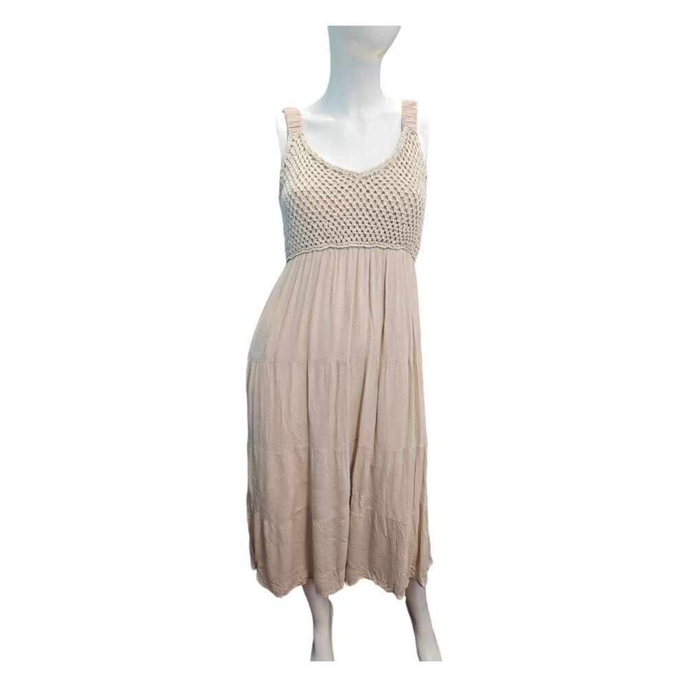 Nina Leonard Tan Crochet Top Tank Dress Womens size Medium Summer Maxi Dress